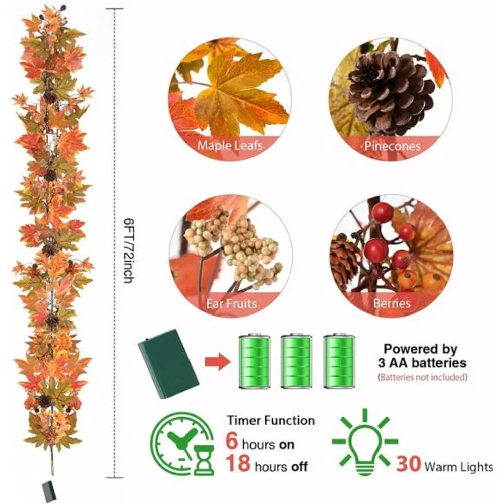 Fall Maple Leaf Garland, 6 Ft Fall Decor Garland with Pine Cones